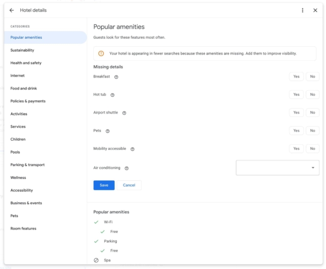 Google Business Profile Attributes - Hotel Details