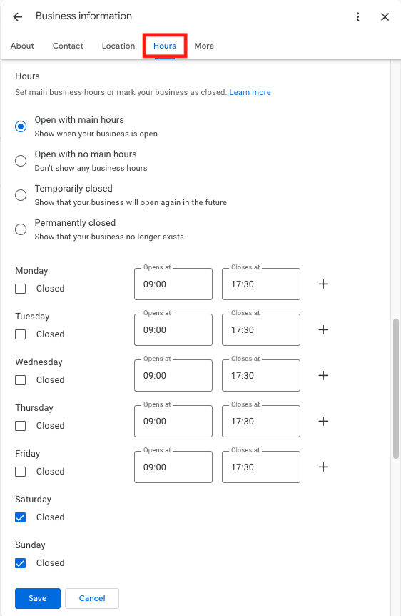 GBP Business Information - Hours